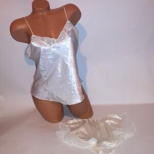 Go Softly Camisole Set Vintage Small Tank & Shorts Ivory Lace Trim Beaded Satin